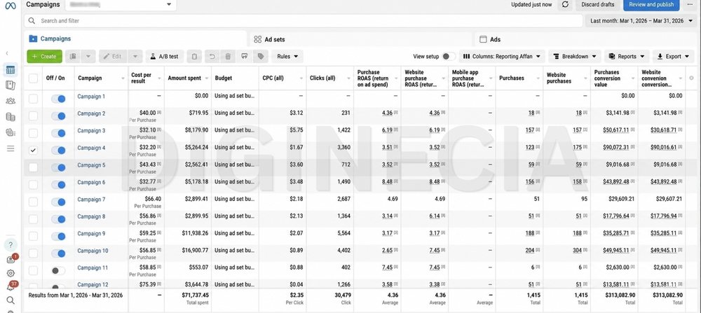 Ads Manager screenshot, meta account a