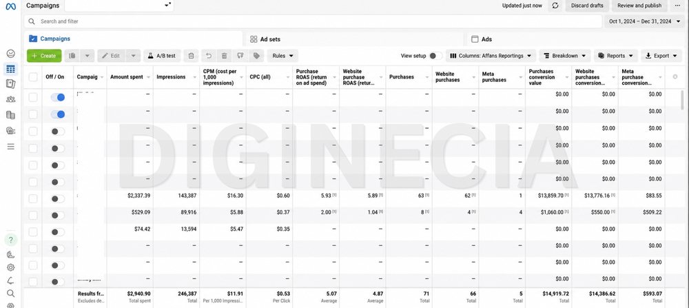 Ads Manager screenshot, meta account c